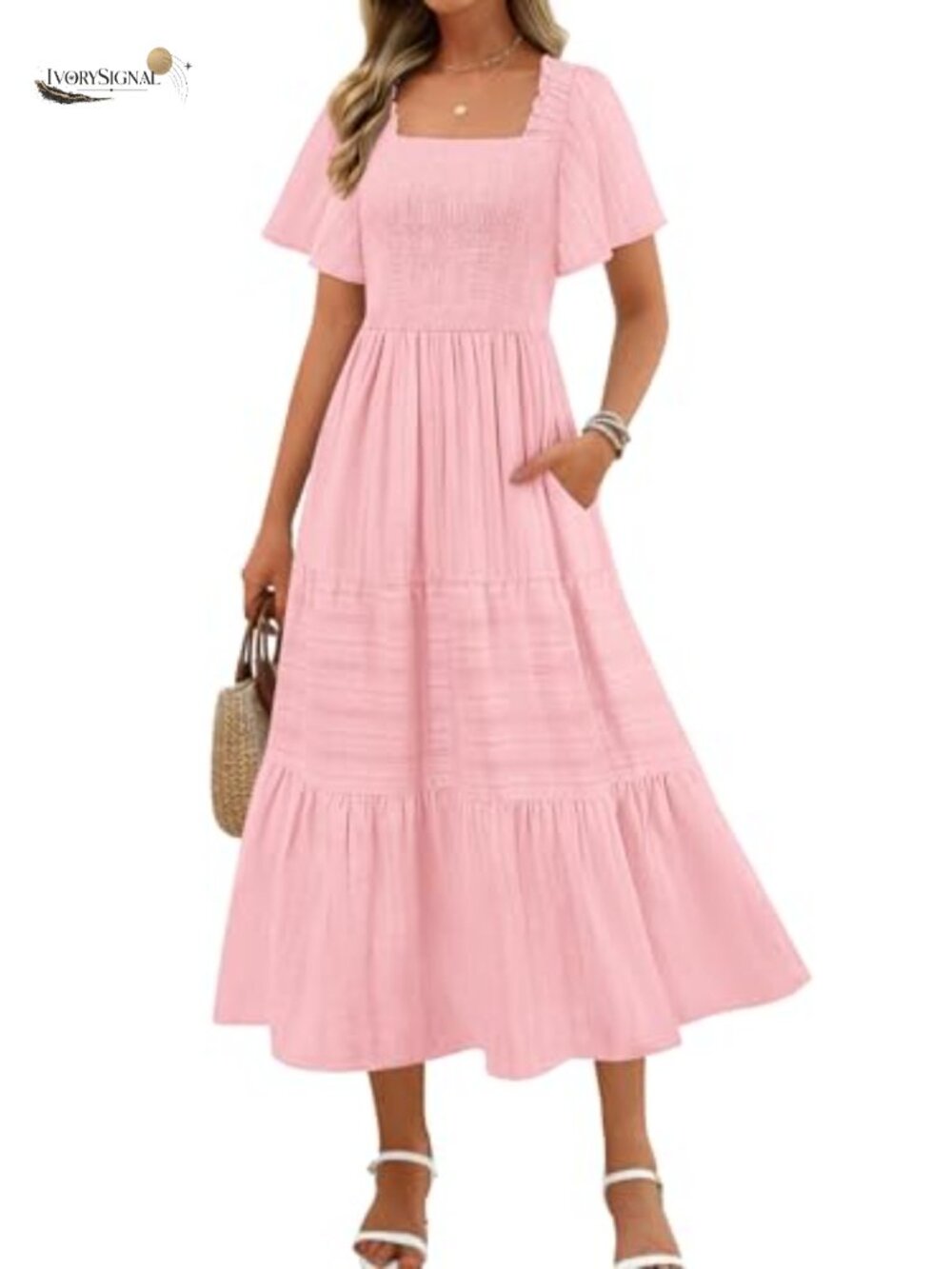 Womens Summer Midi Dress Short Sleeve Square Neck Boho Flowy A Line